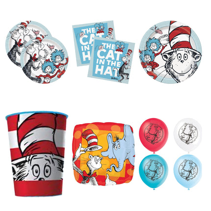 Cat in the Hat Party Supplies, Foil and Latex Balloons Set for 16 Guests - set overview