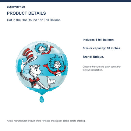 Cat in the Hat Round 18" Foil Balloon — size and pack information