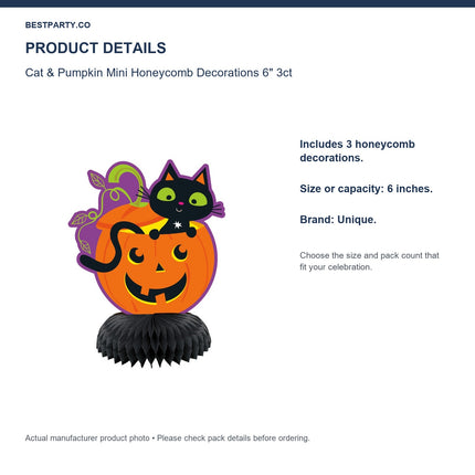 Cat & Pumpkin Mini Honeycomb Decorations 6" 3ct — size and pack information