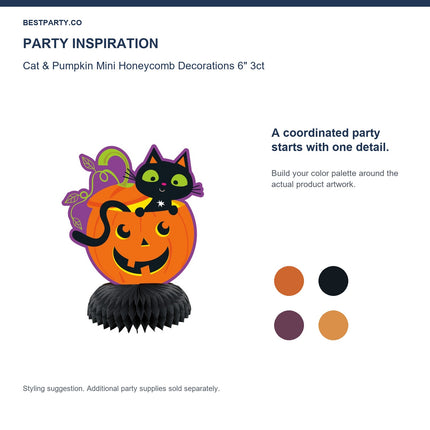 Cat & Pumpkin Mini Honeycomb Decorations 6" 3ct — color coordination idea