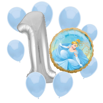 Cinderella 1st birthday set main: number 1 foil, themed foil and 8 matching latex balloons