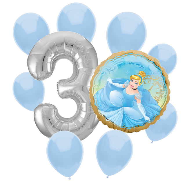 Cinderella 3rd birthday set main: number 3 foil, themed foil and 8 matching latex balloons