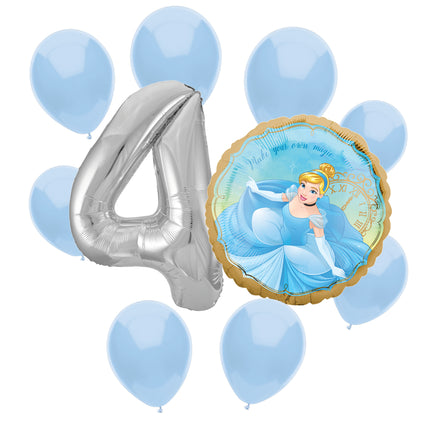Cinderella 4th birthday set main: number 4 foil, themed foil and 8 matching latex balloons