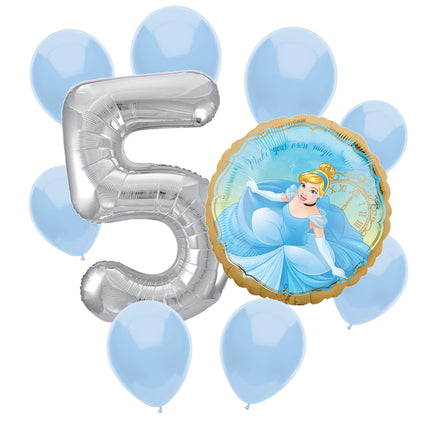 Cinderella 5th birthday set main: number 5 foil, themed foil and 8 matching latex balloons