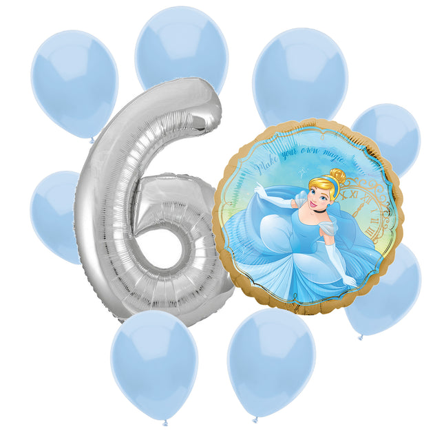 Cinderella 6th birthday set main: number 6 foil, themed foil and 8 matching latex balloons