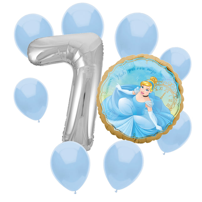 Cinderella 7th birthday set main: number 7 foil, themed foil and 8 matching latex balloons
