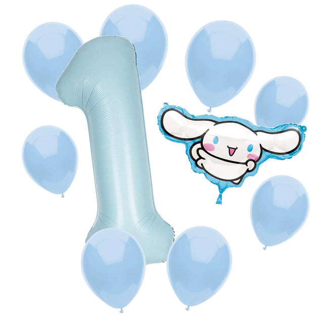 Cinnamoroll 1st birthday set main: number 1 foil, themed foil and 8 matching latex balloons