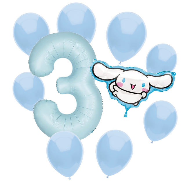 Cinnamoroll 3rd birthday set main: number 3 foil, themed foil and 8 matching latex balloons