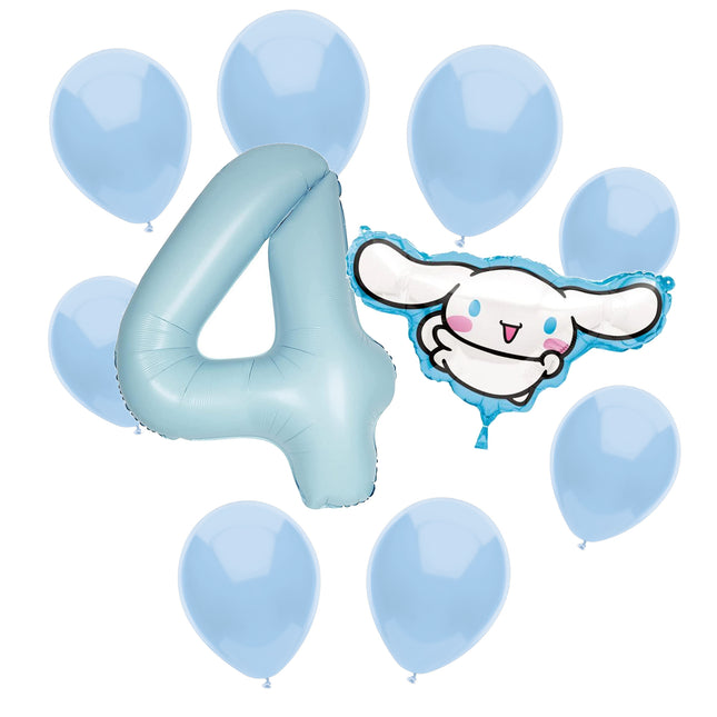Cinnamoroll 4th birthday set main: number 4 foil, themed foil and 8 matching latex balloons