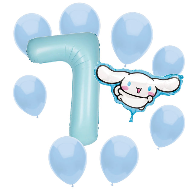 Cinnamoroll 7th birthday set main: number 7 foil, themed foil and 8 matching latex balloons
