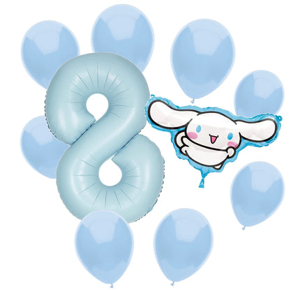 Cinnamoroll 8th birthday set main: number 8 foil, themed foil and 8 matching latex balloons