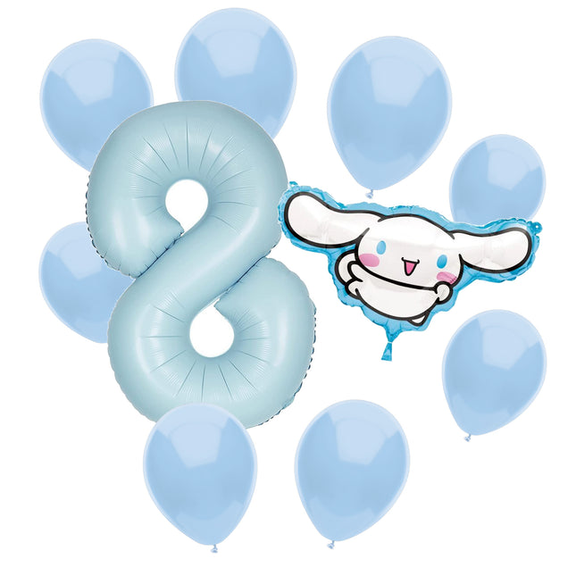 Cinnamoroll 8th birthday set main: number 8 foil, themed foil and 8 matching latex balloons