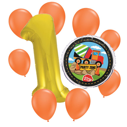 Construction 1st birthday set main: number 1 foil, themed foil and 8 matching latex balloons
