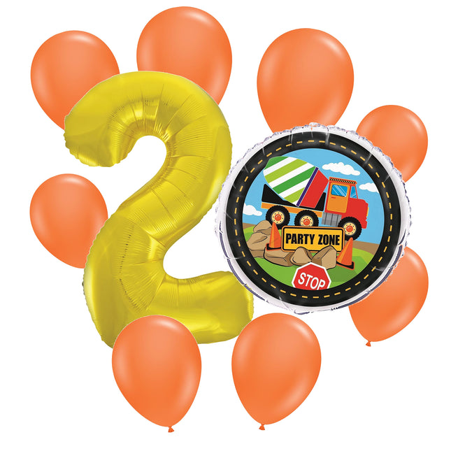 Construction 2nd birthday set main: number 2 foil, themed foil and 8 matching latex balloons