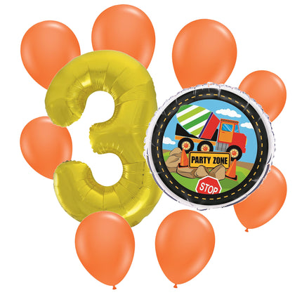 Construction 3rd birthday set main: number 3 foil, themed foil and 8 matching latex balloons