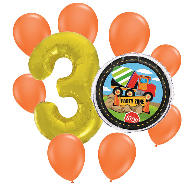 Construction 3rd birthday set main: number 3 foil, themed foil and 8 matching latex balloons