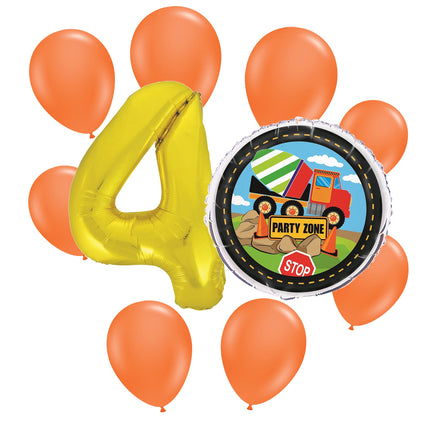 Construction 4th birthday set main: number 4 foil, themed foil and 8 matching latex balloons
