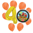 Construction 4th birthday set main: number 4 foil, themed foil and 8 matching latex balloons