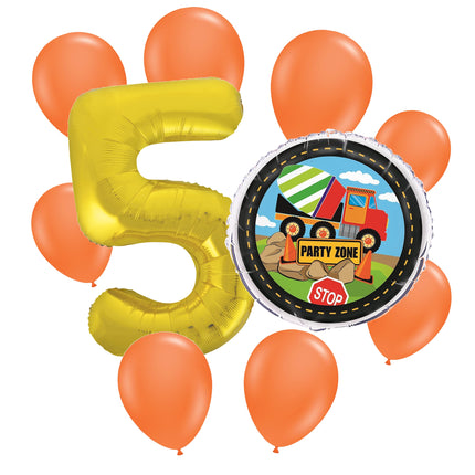 Construction 5th birthday set main: number 5 foil, themed foil and 8 matching latex balloons
