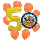 Construction 5th birthday set main: number 5 foil, themed foil and 8 matching latex balloons