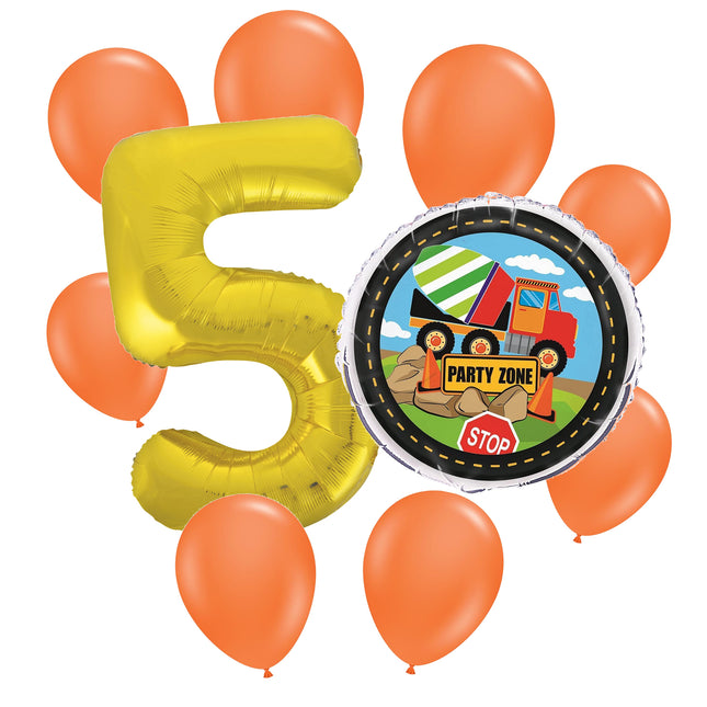 Construction 5th birthday set main: number 5 foil, themed foil and 8 matching latex balloons