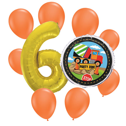 Construction 6th birthday set main: number 6 foil, themed foil and 8 matching latex balloons