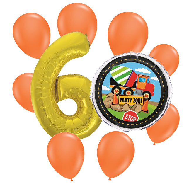 Construction 6th birthday set main: number 6 foil, themed foil and 8 matching latex balloons