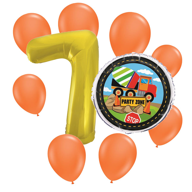 Construction 7th birthday set main: number 7 foil, themed foil and 8 matching latex balloons