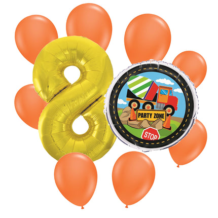 Construction 8th birthday set main: number 8 foil, themed foil and 8 matching latex balloons