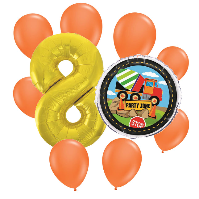 Construction 8th birthday set main: number 8 foil, themed foil and 8 matching latex balloons