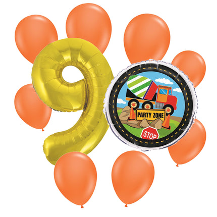 Construction 9th birthday set main: number 9 foil, themed foil and 8 matching latex balloons