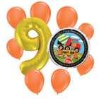 Construction 9th birthday set main: number 9 foil, themed foil and 8 matching latex balloons