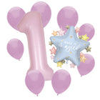 Dainty Unicorn 1st birthday set main: number 1 foil, themed foil and 8 matching latex balloons