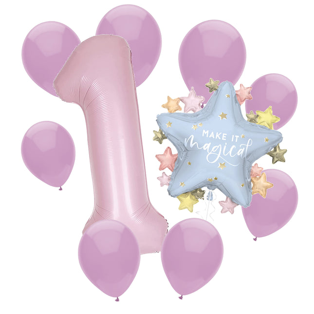 Dainty Unicorn 1st birthday set main: number 1 foil, themed foil and 8 matching latex balloons
