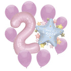 Dainty Unicorn 2nd birthday set main: number 2 foil, themed foil and 8 matching latex balloons