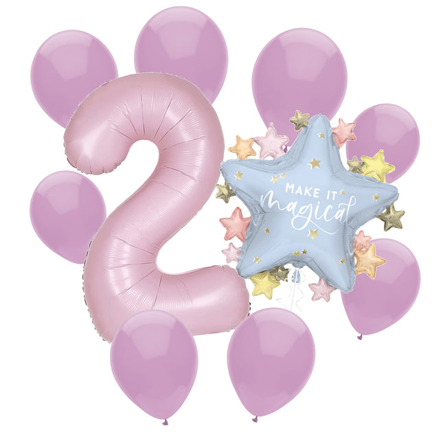Dainty Unicorn 2nd birthday set main: number 2 foil, themed foil and 8 matching latex balloons