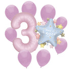 Dainty Unicorn 3rd birthday set main: number 3 foil, themed foil and 8 matching latex balloons