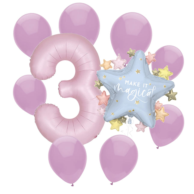 Dainty Unicorn 3rd birthday set main: number 3 foil, themed foil and 8 matching latex balloons