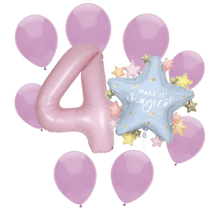 Dainty Unicorn 4th birthday set main: number 4 foil, themed foil and 8 matching latex balloons