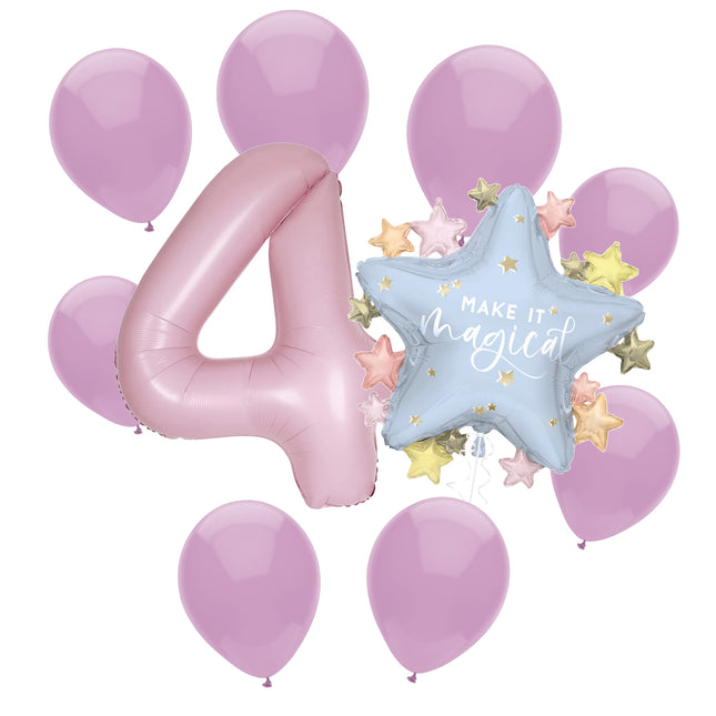 Dainty Unicorn 4th birthday set main: number 4 foil, themed foil and 8 matching latex balloons