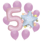 Dainty Unicorn 5th birthday set main: number 5 foil, themed foil and 8 matching latex balloons