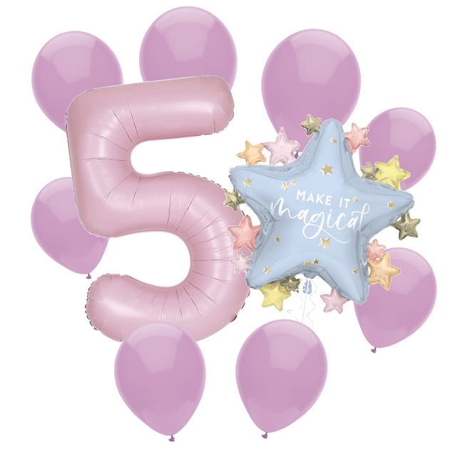 Dainty Unicorn 5th birthday set main: number 5 foil, themed foil and 8 matching latex balloons