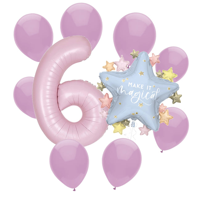 Dainty Unicorn 6th birthday set main: number 6 foil, themed foil and 8 matching latex balloons