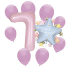 Dainty Unicorn 7th birthday set main: number 7 foil, themed foil and 8 matching latex balloons
