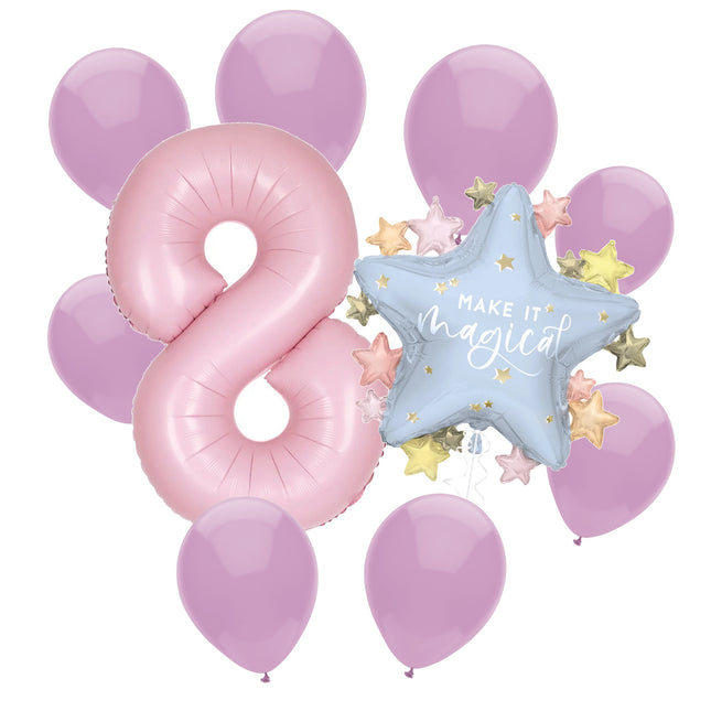 Dainty Unicorn 8th birthday set main: number 8 foil, themed foil and 8 matching latex balloons