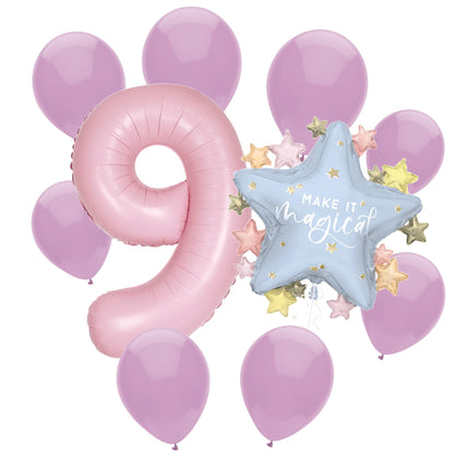 Dainty Unicorn 9th birthday set main: number 9 foil, themed foil and 8 matching latex balloons