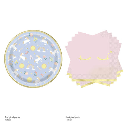 Dainty Unicorn Dinner Plates and Napkins Set for 16 Guests - included packs and quantities