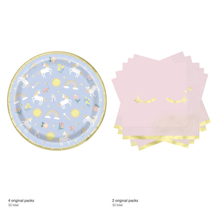 Dainty Unicorn Dinner Plates and Napkins Set for 32 Guests - included packs and quantities