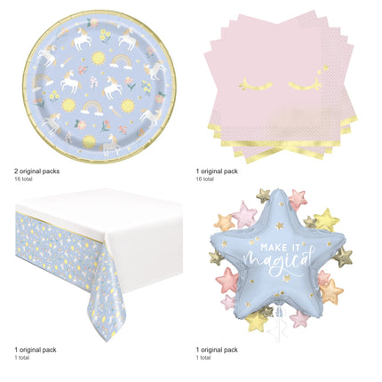 Dainty Unicorn Party Supplies and Foil Balloon Set for 16 Guests - included packs and quantities