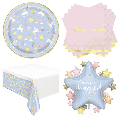 Dainty Unicorn Party Supplies and Foil Balloon Set for 16 Guests - set overview